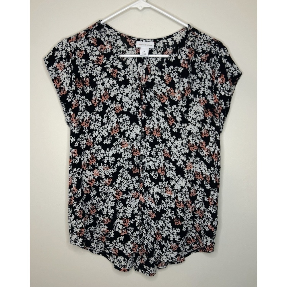 Liz Claiborne Black Floral Cap Sleeve Blouse Top Pullover Casual Women's M